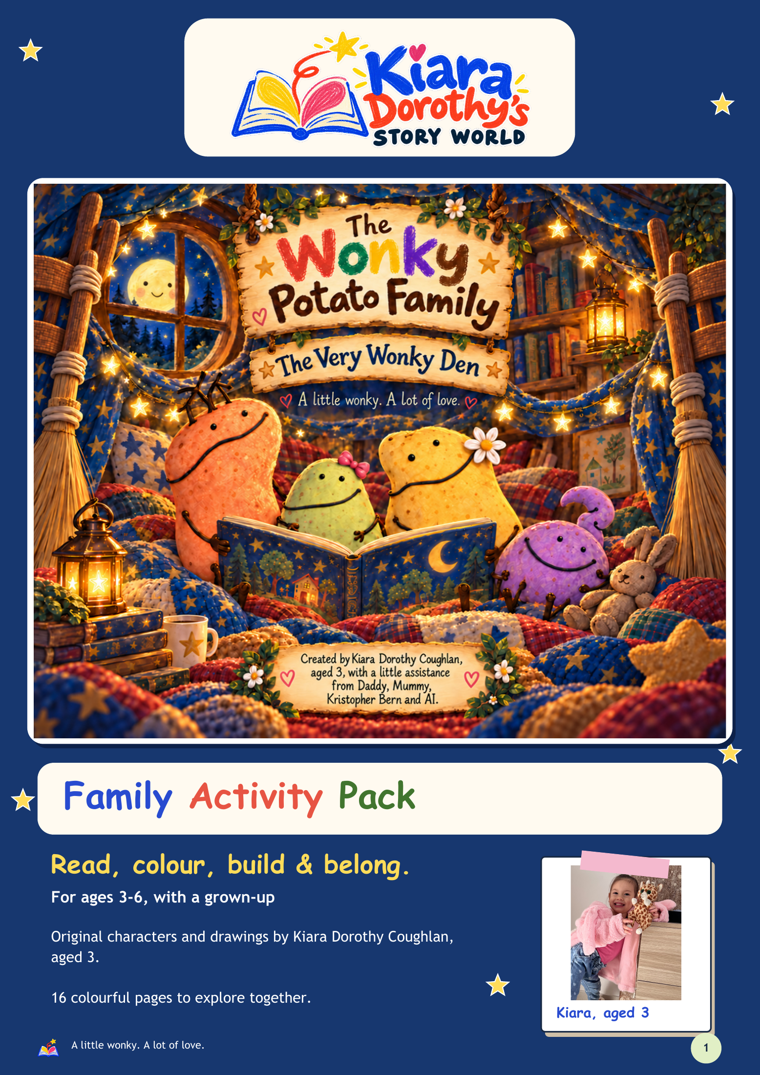 The colourful Family Activity Pack cover with Kiara’s photo and Story World logo.