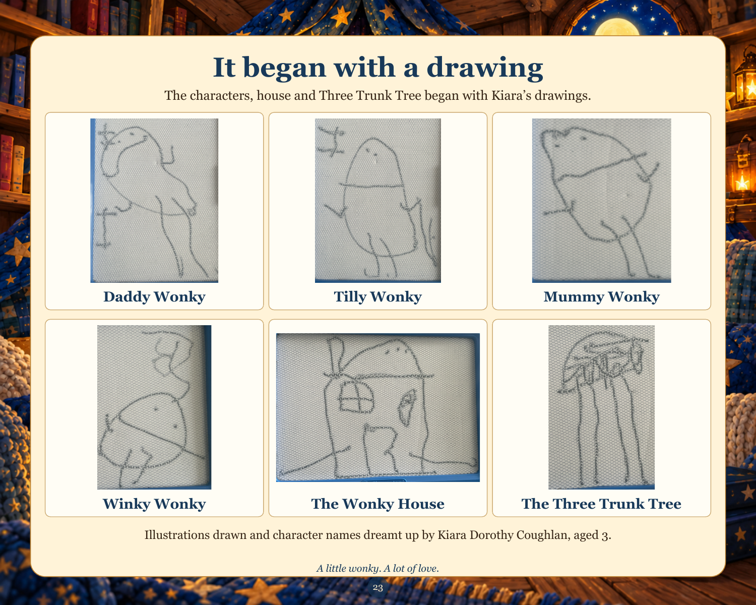 Six original drawings by Kiara, including Daddy, Tilly, Mummy, Winky, the Wonky House and the Three Trunk Tree.